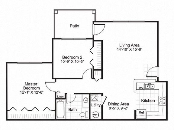 Floor Plan  Ardenne Apartments 2 bed 1 bath 834 sqft with patio/balcony