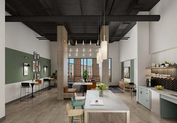 a rendering of a communal area with a kitchen and dining area