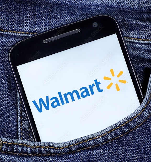 A smartphone displaying the Walmart logo is placed in a pocket.