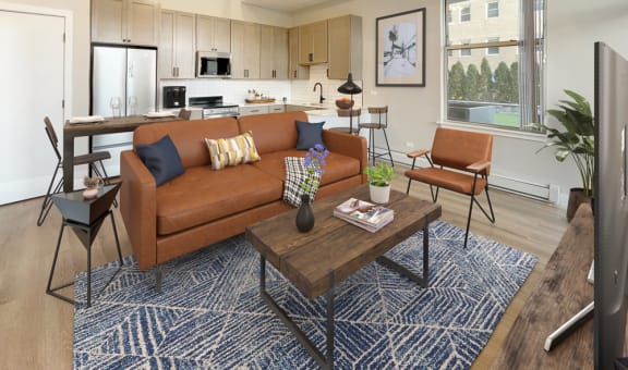 a living room with a couch and a coffee table