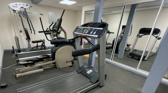 a gym with a treadmill and various exercise equipment