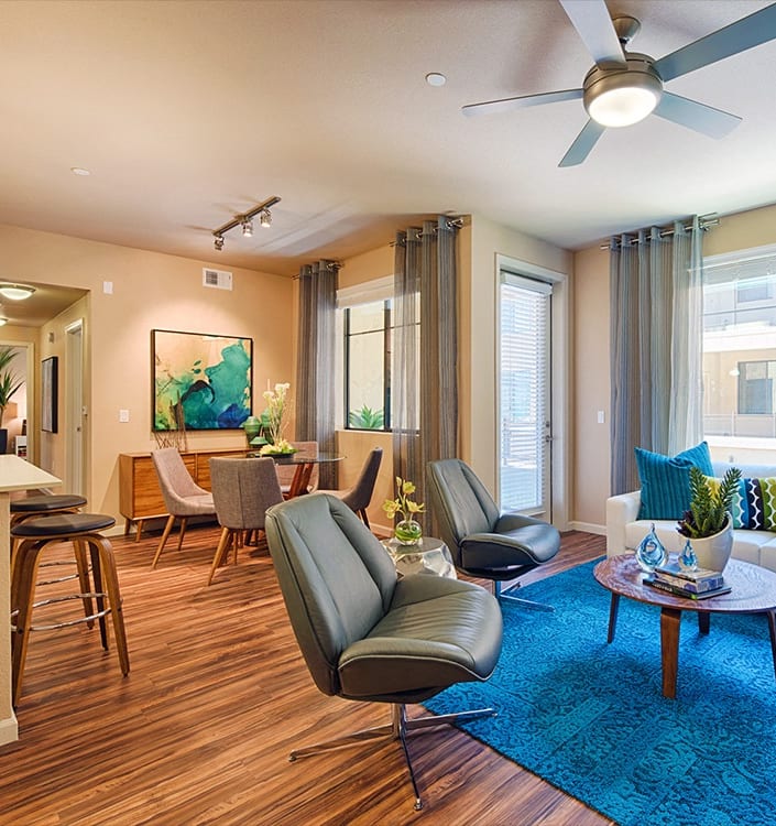 Furnished living and dining area at 56 North.