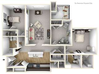 A 3D view of a 3 bedroom floor plan