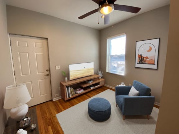Virtually Staged Living Area with Ceiling Fan