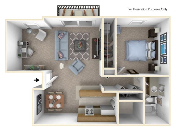 1-Bed/1-Bath, Bluebell Deluxe Floor Plan at Windemere Apartments, Farmington Hills
