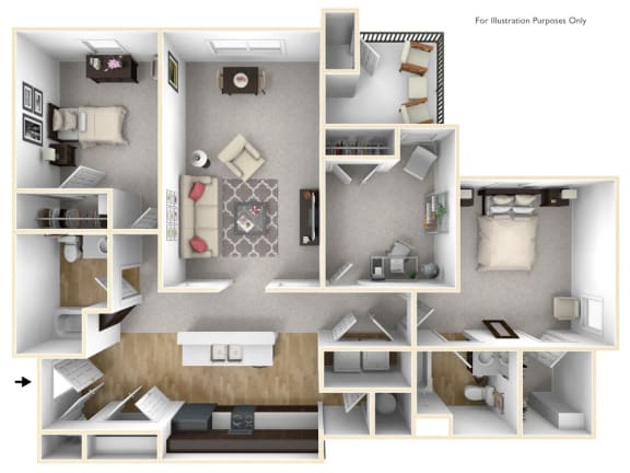 A 3D view of a 3 bedroom floor plan