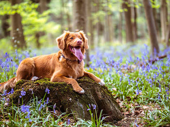 A dog is sitting on a tree stump surrounded by bluebells in a forest.