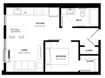 Floor Plan  Harriet 1 bedroom one bathroom floor plan at The Central apartments near downtown Minneapolis MN