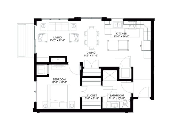 A seamless flow from the entrance to the open kitchen and living room area, leading to a charming patio or balcony. On the left side of the apartment, a storage closet is conveniently placed, and a well-designed bathroom connects to the bedroom through a spacious walk-in closet, enhancing accessibility and privacy within the living space.