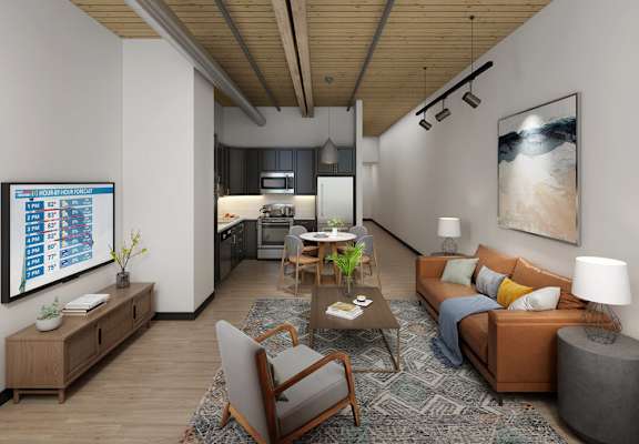 a living room with white walls and a wooden ceiling with exposed beams