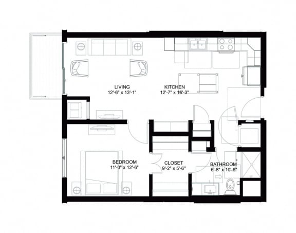 A seamless flow from the entrance to the open kitchen and living room area, leading to a charming patio or balcony. On the left side of the apartment, a storage closet is conveniently placed, and a well-designed bathroom connects to the bedroom through a spacious walk-in closet, enhancing accessibility and privacy within the living space.