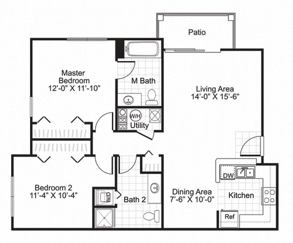 Floor Plan  Ardenne Apartments 2 bed 2 bath 897 sqft with patio/balcony