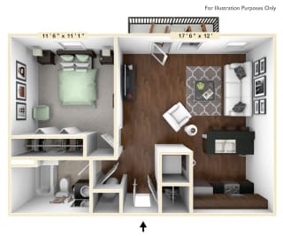 The Justice - 1 BR 1 BA Floor Plan at Alexandria of Carmel Apartments, Carmel, IN, 46032
