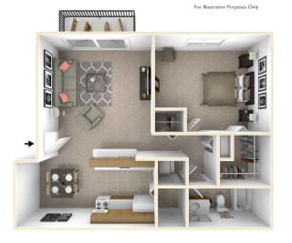 1-Bed/1-Bath, Orchid Floor Plan at Beacon Hill Apartments, Rockford, 61109