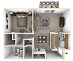 1-Bed/1-Bath, Orchid View Floor Plan at Beacon Hill Apartments, Rockford