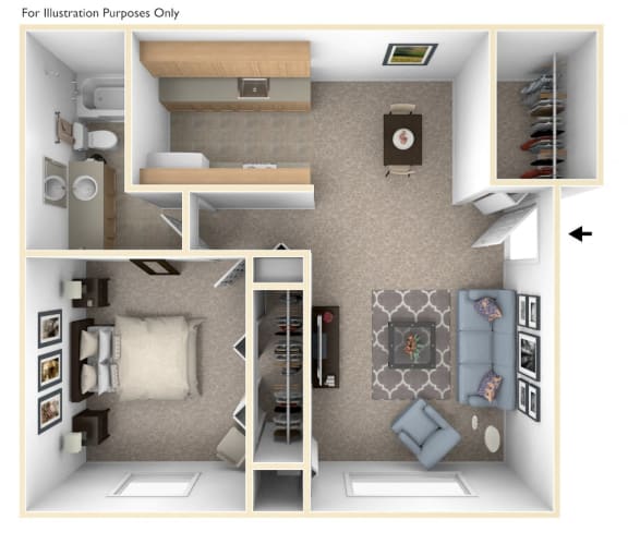 One Bedroom Floor Plan at Seville Apartments, Kalamazoo, Michigan