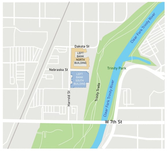 a map of a neighborhood with a road and a river