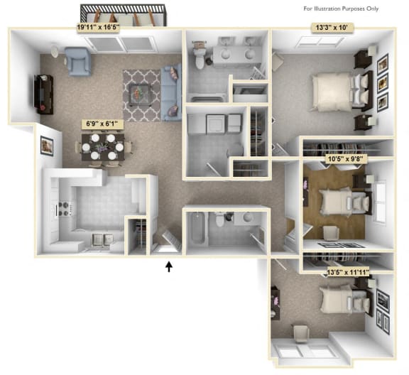 Three Bedroom Juniper Floor Plan Three Bedroom Juniper Floor Plan at Thornridge Apartments, Michigan