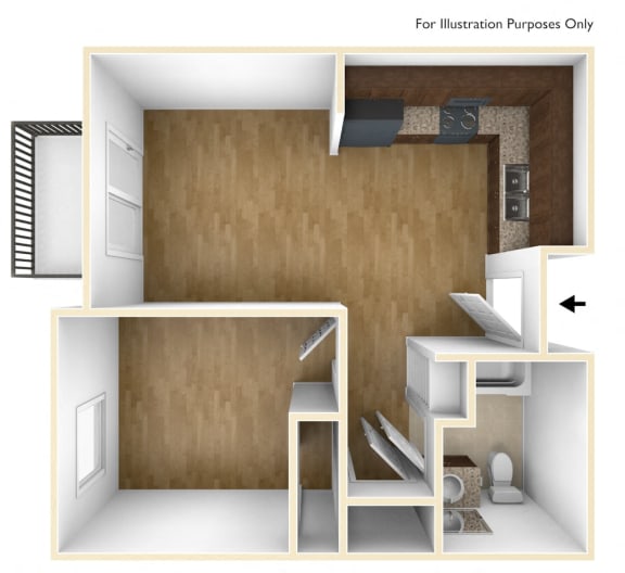 Floor Plan  Unfurnished 1 Bedroom 1 Bath 3D Floorplan, Casa Salazar Apartments Los Angeles, CA