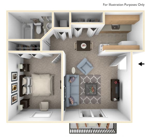 One Bedroom One Bath Floor Plan at Madeira Apartments, Michigan