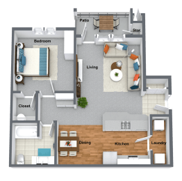 1 Bedroom Floor Plan at Quadrangle 2 Apartments, Washington