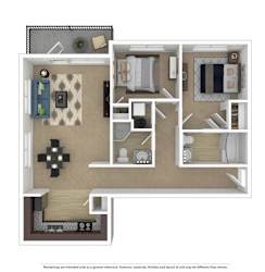 A floor plan of a small apartment with a kitchen, living room, and bedroom.