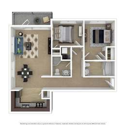 A floor plan of a small apartment with a kitchen, living room, and bedroom.