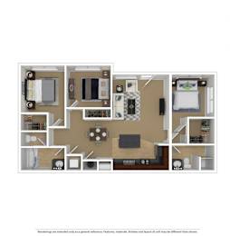 A floor plan of a house with a kitchen, living room, and two bedrooms.