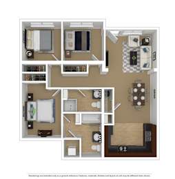 A floor plan of a small apartment with a kitchen, living room, and two bedrooms.