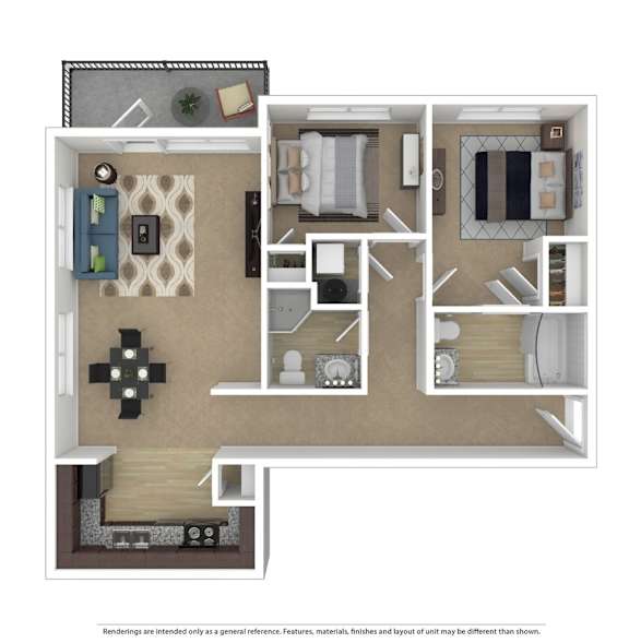 A floor plan of a small apartment with a kitchen, living room, and bedroom.