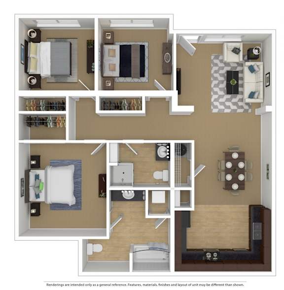 A floor plan of a small apartment with a kitchen, living room, and two bedrooms.