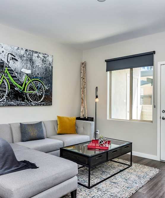 A living room with a grey couch, a coffee table, and a painting of a bicycle on the wall.