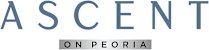 The word "ASCENT" is written in large blue letters above the words "ON PEORIA" written in smaller grey letters.