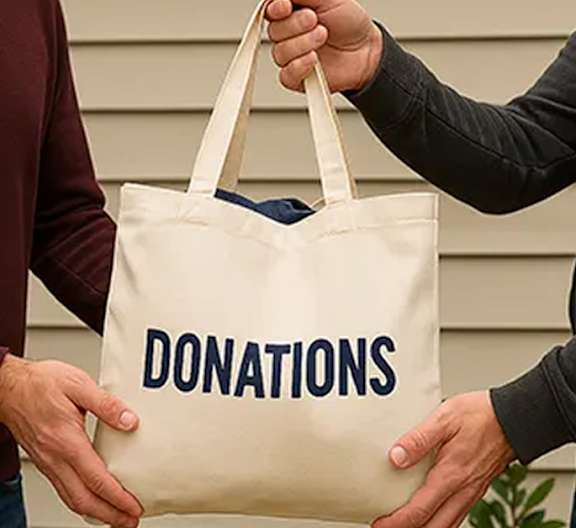 Two people holding a bag that says donations.