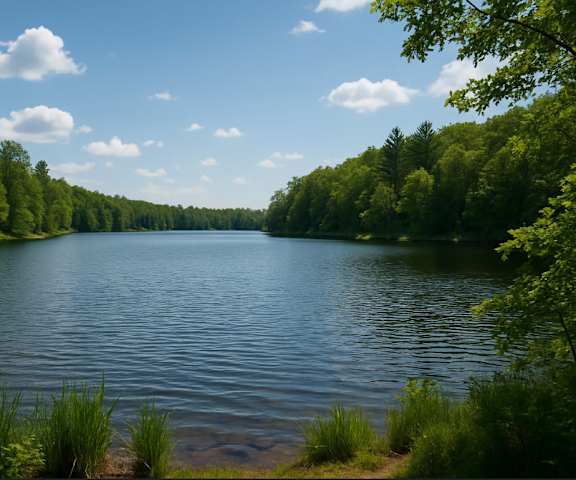 A serene lake surrounded by lush green trees under a clear blue sky.