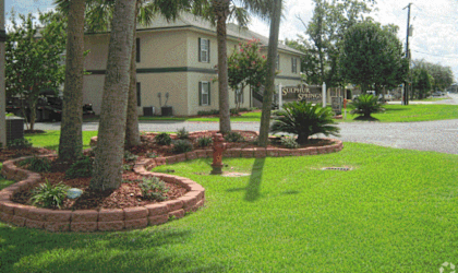 a view of a fire hydrant in a grassy area with a building in the background