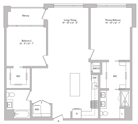 Floor Plan  large two bedroom, custom walk in closets, private balcony