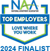 A blue and green logo for the 2024 NAAT Top Employers.