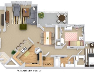 Kinston 3D. 3 bedroom apartment. Kitchen with bartop open to living/dinning rooms. 2 full bathrooms. Walk-in closets. Patio/balcony. Storage room.