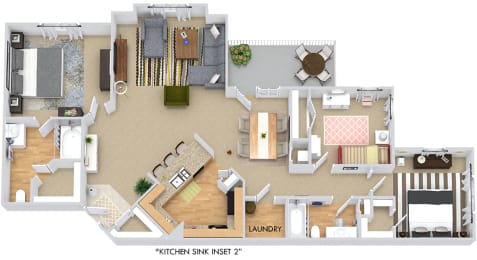 Kinston 3D. 3 bedroom apartment. Kitchen with bartop open to living/dinning rooms. 2 full bathrooms. Walk-in closets. Patio/balcony. Storage room.