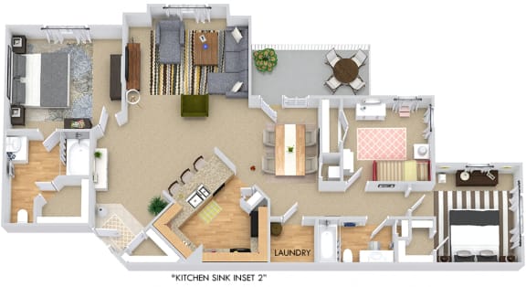Kinston 3D. 3 bedroom apartment. Kitchen with bartop open to living/dinning rooms. 2 full bathrooms. Walk-in closets. Patio/balcony. Storage room.
