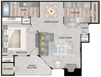 1 bed 1 bath Da Vinci floor plan layout at Paces Crossing, Texas
