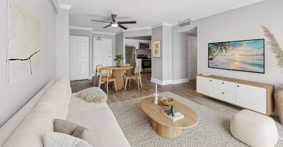 Bright living room in a renovated 2-bedroom apartment at Wilton Tower in Wilton Manors, FL.