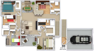 Chelsea 3D. 3 bedroom apartment. 1st floor entry. Kitchen with bartop open to living/dinning rooms. 2 full bathroom, double vanities. Walk-in closets. Patio/balcony.