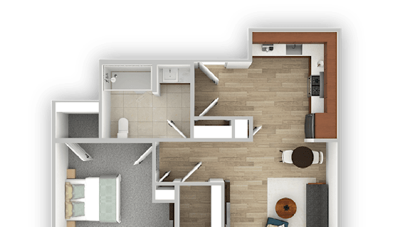 A top-down view of a house floor plan with a kitchen, living room, and bedrooms. at 35 Broadway Apartments, Menands, New York