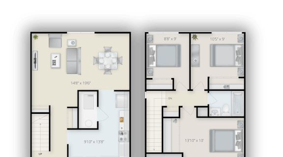 A top-down view of a house floor plan with a kitchen, living room, and bedrooms. at 35 Broadway Apartments, Menands, New York