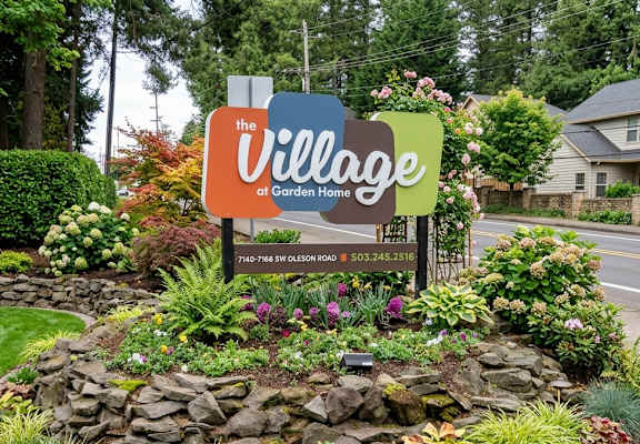 A sign for The Village at Garden Home with a phone number and address.