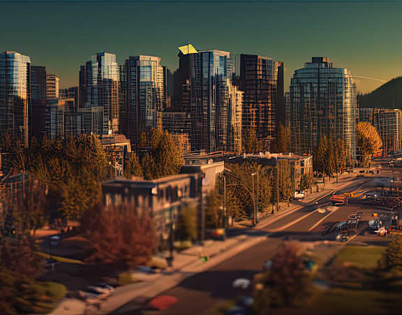 A cityscape with buildings and trees in the foreground.