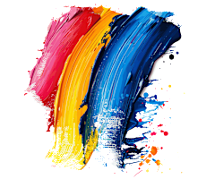 A close up of a paintbrush stroke with red, yellow, and blue paint.