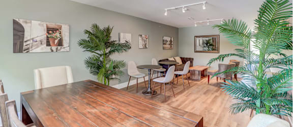 a dining room with a wooden table and chairs and plants